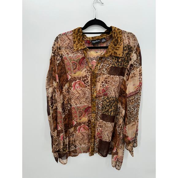 Maggie Barnes Tops - Maggie Barnes Womens Boho Chic‎ Button Front Shirt Sz 2X Sheer Western Animal